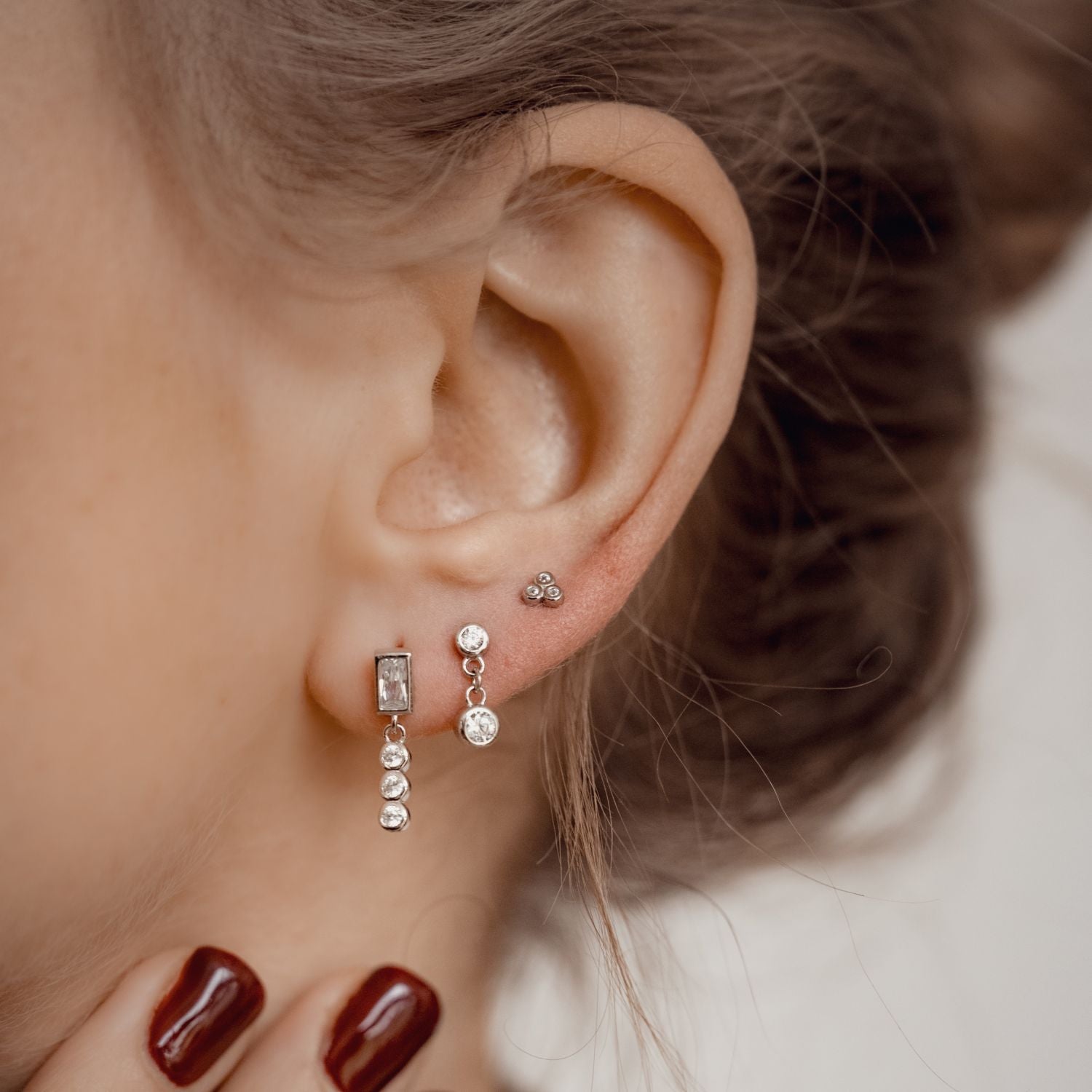 Gemstone Baguette and Triad Stud Earrings Sterling Silver